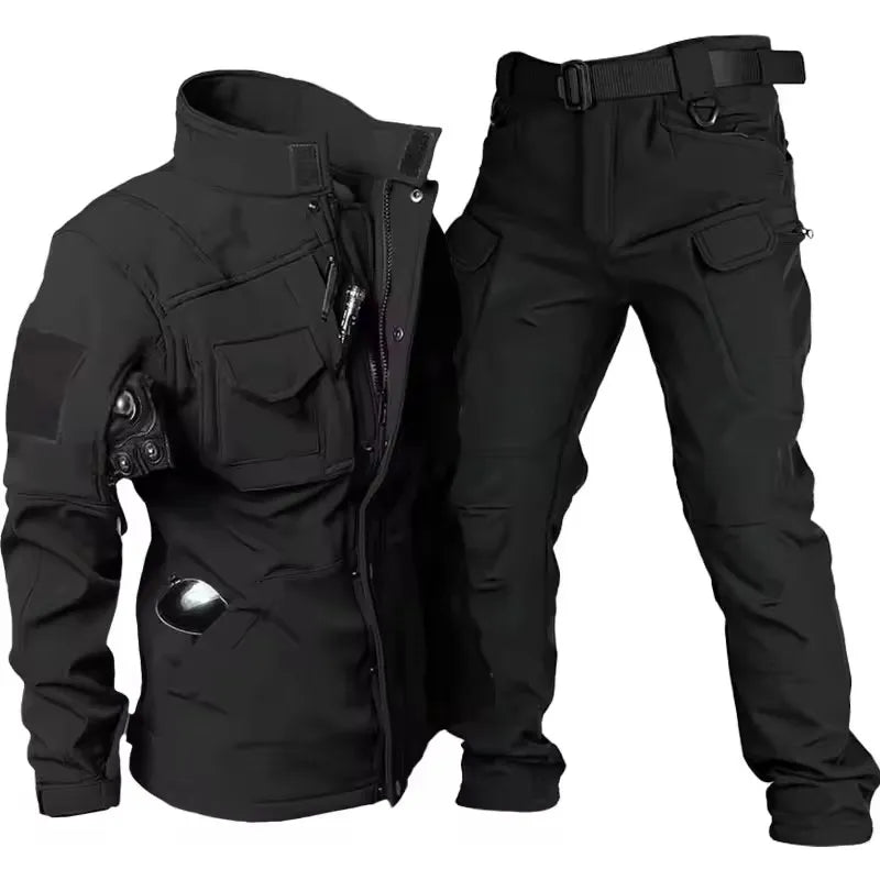 Conjunto táctico impermeable de piel de tiburón para hombre, chaqueta de combate de forro polar grueso y suave, pantalón cargo cálido a prueba de viento, conjunto de 2 piezas
