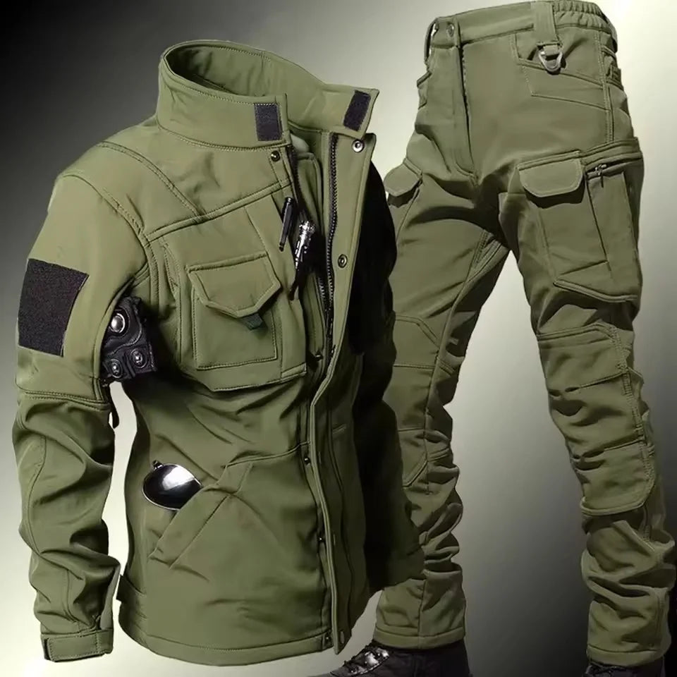 Conjunto táctico impermeable de piel de tiburón para hombre, chaqueta de combate de forro polar grueso y suave, pantalón cargo cálido a prueba de viento, conjunto de 2 piezas