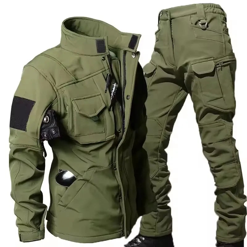 Conjunto táctico impermeable de piel de tiburón para hombre, chaqueta de combate de forro polar grueso y suave, pantalón cargo cálido a prueba de viento, conjunto de 2 piezas