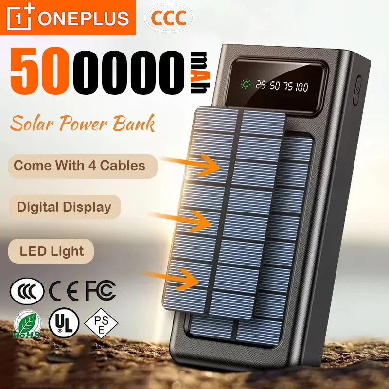 OnePlus 500000mAh Solar Power Bank Ultra Capacity USB 4 in1 Super Fast Charging USB TypeC LED Light Outdoor For iPhone Samsung